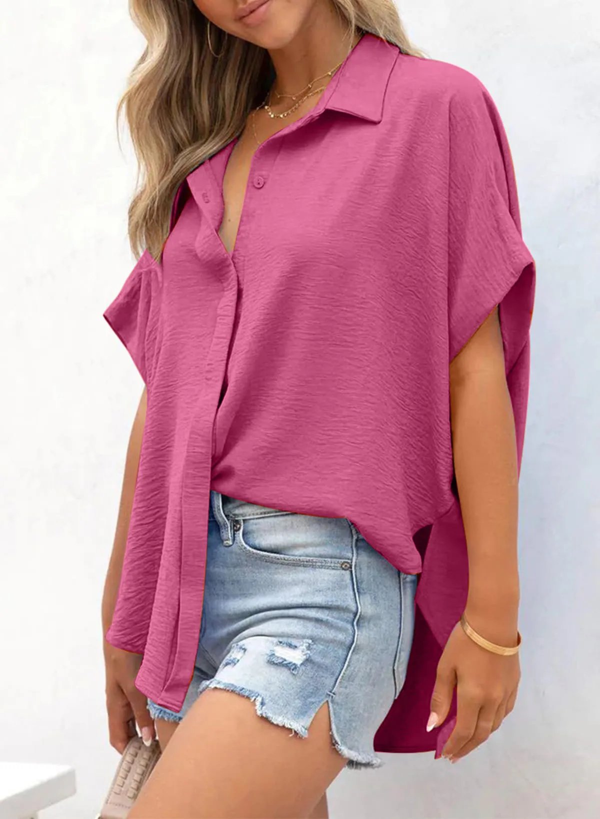 🔥Hot Sale 50% Off💥Women's Casual Button Short Sleeve Slit Hem Shirt Solid Color Tops