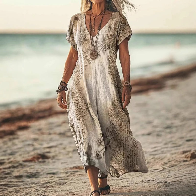 Women's Printed V-Neck Short-Sleeve Long Dress