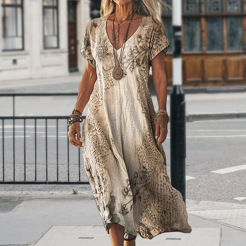 Women's Printed V-Neck Short-Sleeve Long Dress