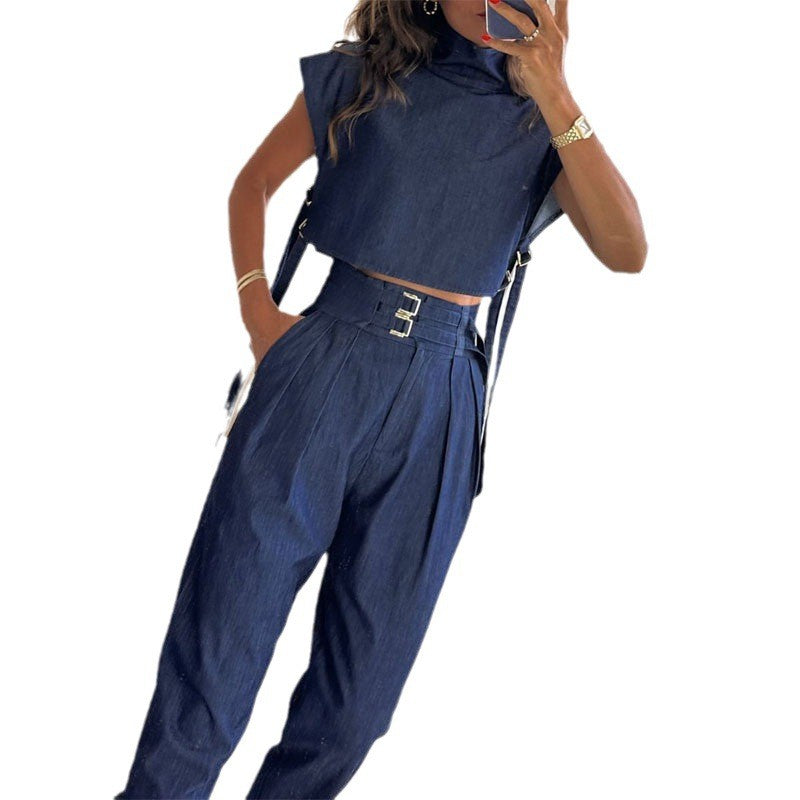 Women's Trendy Fashion High-Neck Short Top & High-Waist 3/4 Length Pants Outfits