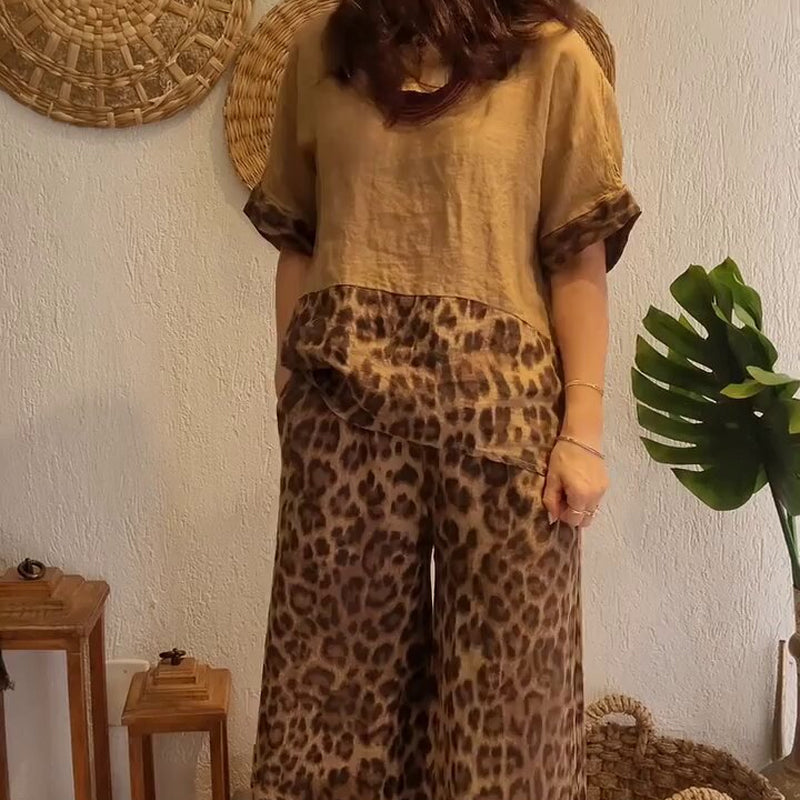 Stylish Patchwork Short Sleeve Top & Wide Leg Pants Two Piece Set