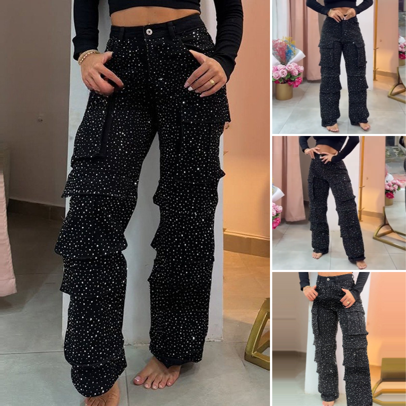 šWomen's Rhinestone Wide - Leg Pants with Pockets | Sparkle & Style