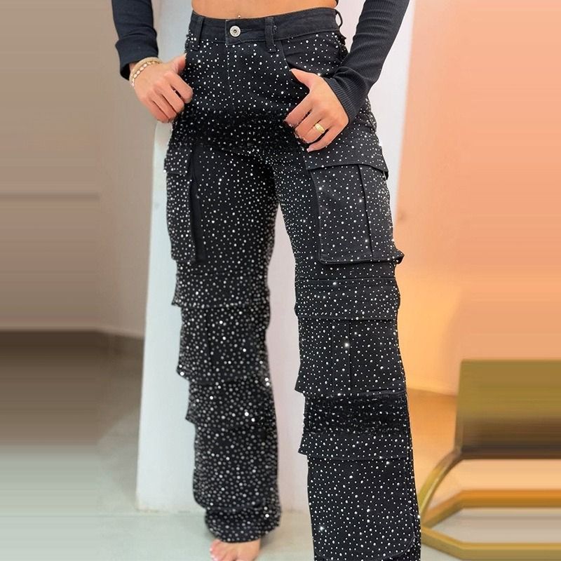 šWomen's Rhinestone Wide - Leg Pants with Pockets | Sparkle & Style