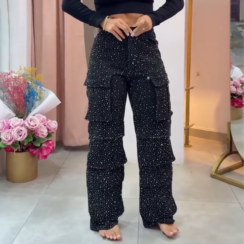 šWomen's Rhinestone Wide - Leg Pants with Pockets | Sparkle & Style