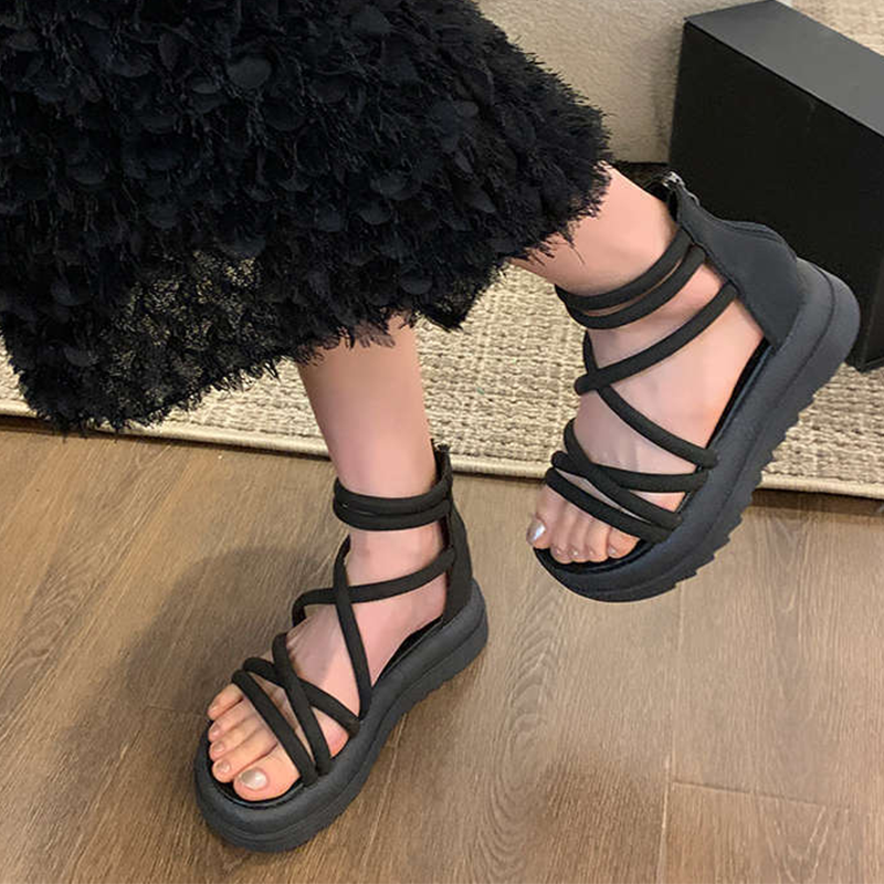 Women's Thick Sole Slip-Resistant Sandals with Crisscross Straps and Back Zipper