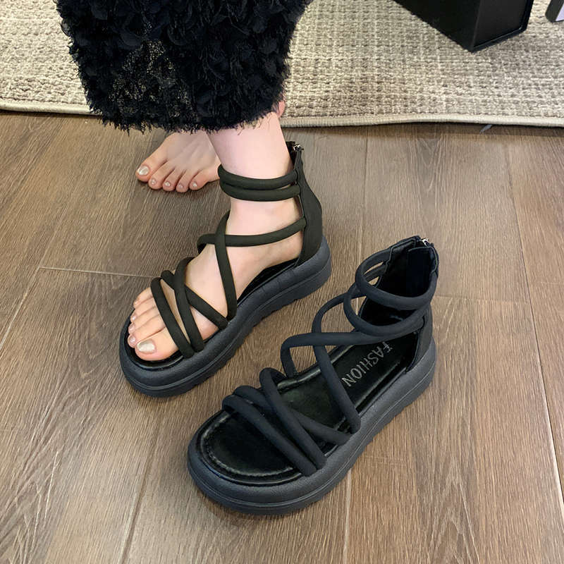 Women's Thick Sole Slip-Resistant Sandals with Crisscross Straps and Back Zipper