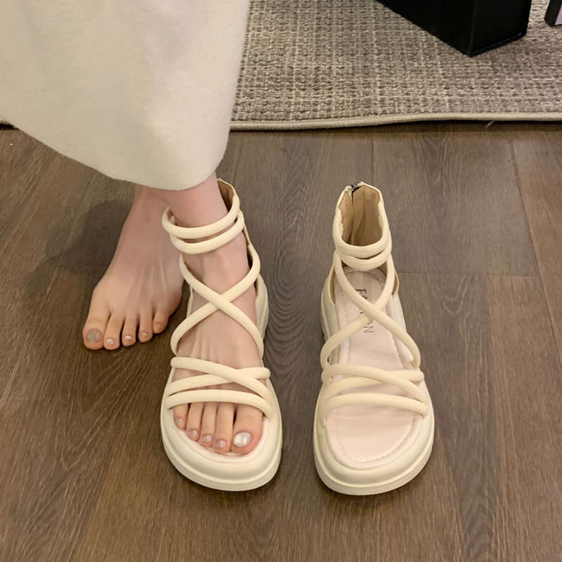 Women's Thick Sole Slip-Resistant Sandals with Crisscross Straps and Back Zipper