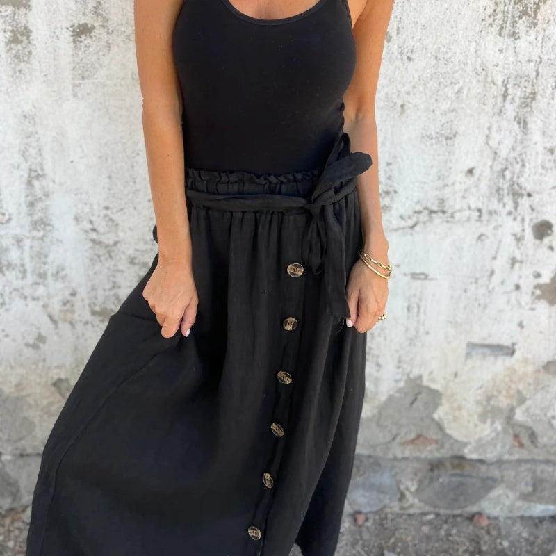 šSolid Color Skirt | Button Detail & Tie Belt - Timeless Wardrobe