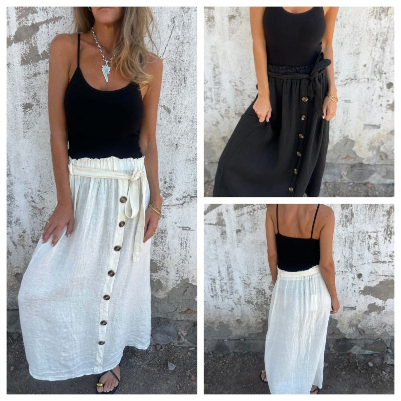 šSolid Color Skirt | Button Detail & Tie Belt - Timeless Wardrobe