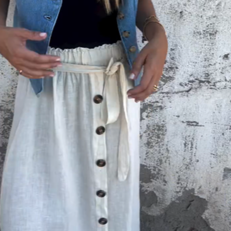šSolid Color Skirt | Button Detail & Tie Belt - Timeless Wardrobe