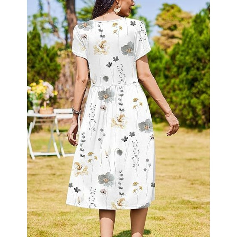 Women's Elegant Round Neck Midi Dress with Pockets