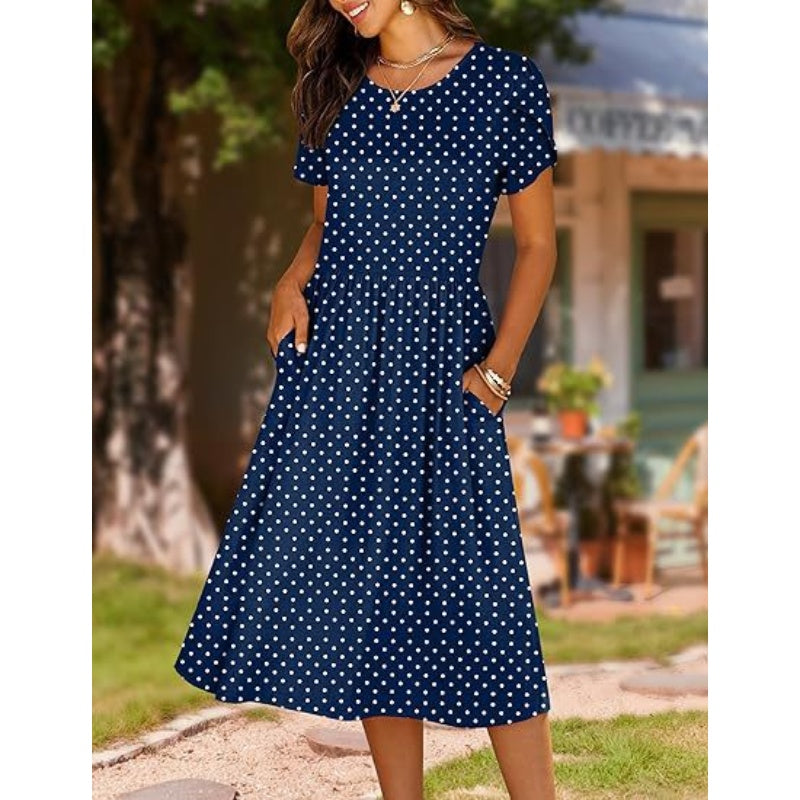 Women's Elegant Round Neck Midi Dress with Pockets