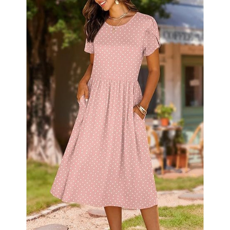 Women's Elegant Round Neck Midi Dress with Pockets