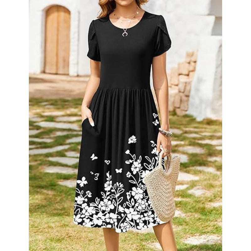 Women's Elegant Round Neck Midi Dress with Pockets