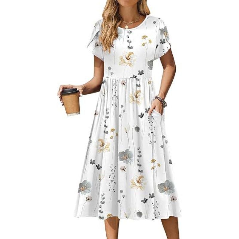 Women's Elegant Round Neck Midi Dress with Pockets