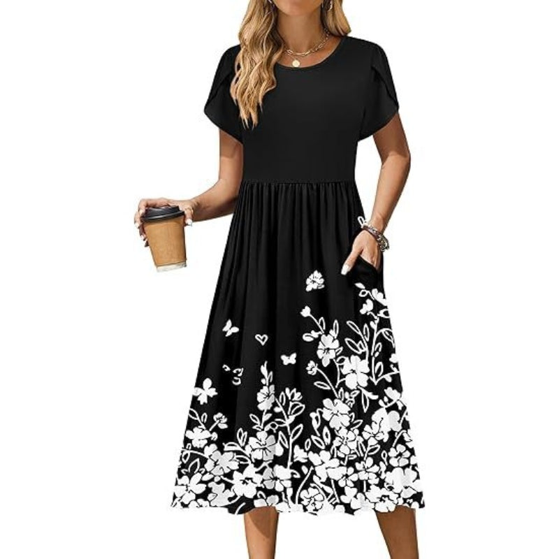 Women's Elegant Round Neck Midi Dress with Pockets
