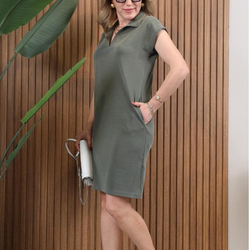Women's Casual Solid Turn-Down Collar Slight A-Line Dress