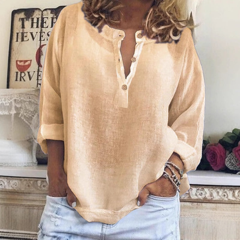 🔥Womens Casual Button V Neck Long Sleeve Shirts Oversized Solid Blouses Tops