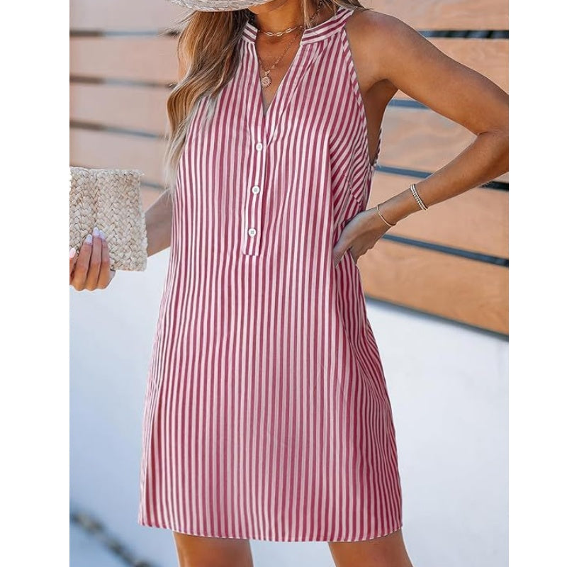 Women’s Striped V-Neck Sleeveless Short Dress