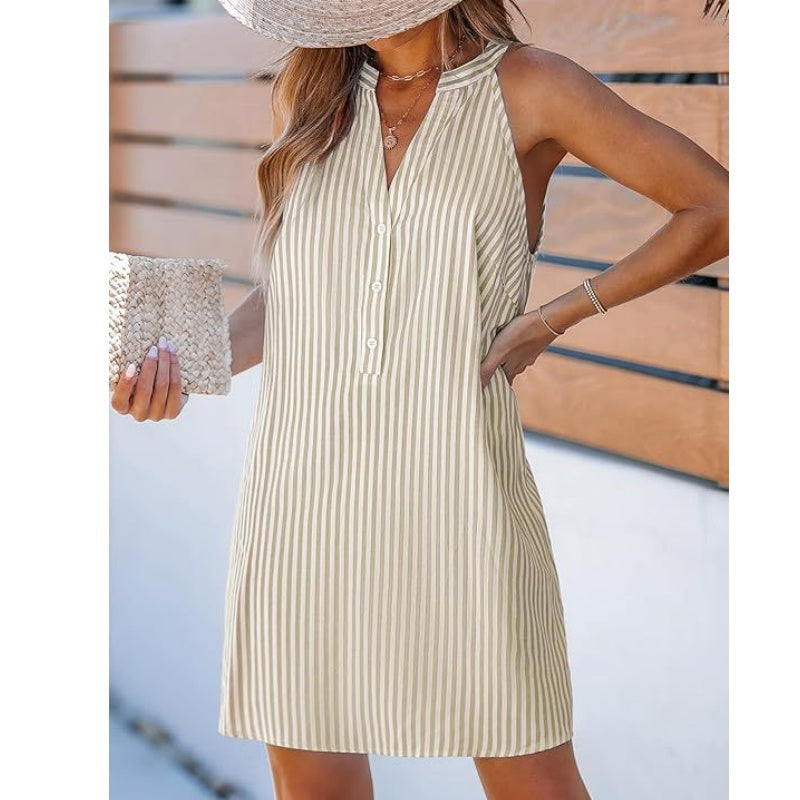 Women’s Striped V-Neck Sleeveless Short Dress