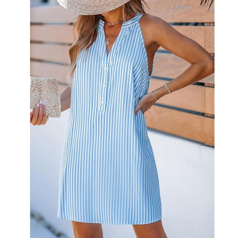 Women’s Striped V-Neck Sleeveless Short Dress