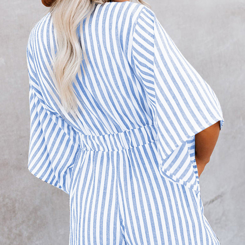 Women's Striped V-Neck Jumpsuit Shorts
