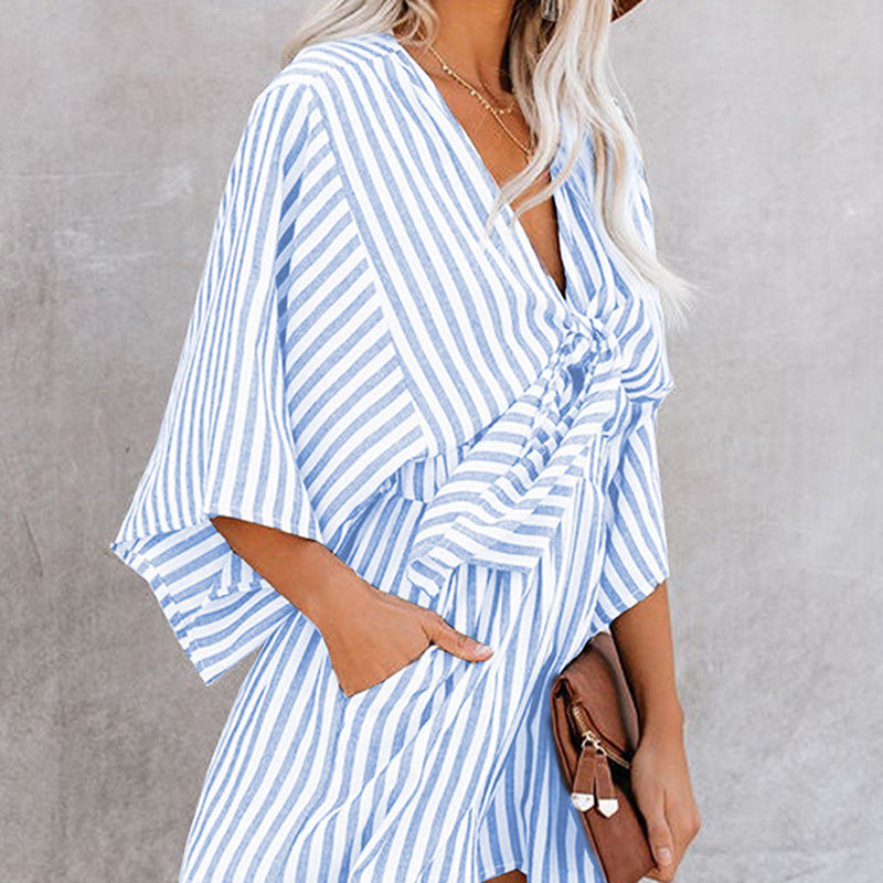 Women's Striped V-Neck Jumpsuit Shorts