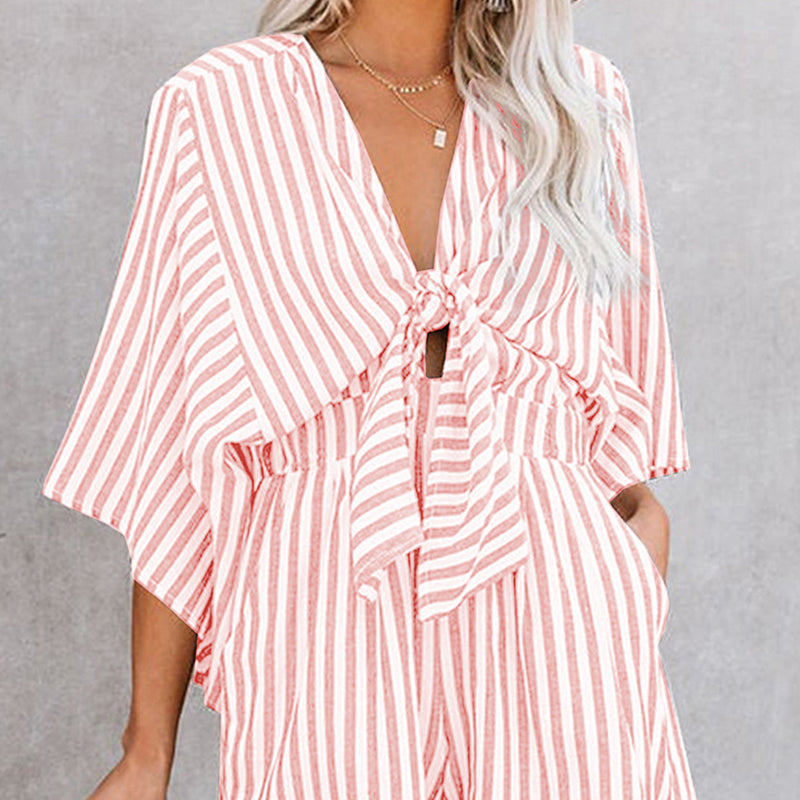 Women's Striped V-Neck Jumpsuit Shorts