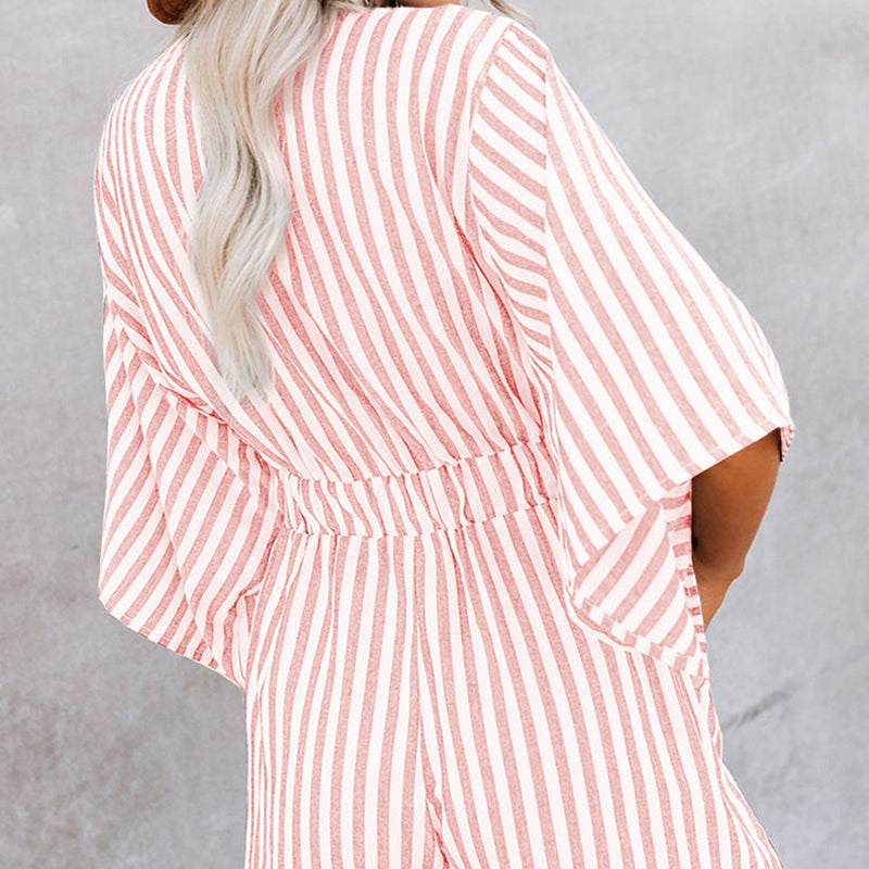 Women's Striped V-Neck Jumpsuit Shorts