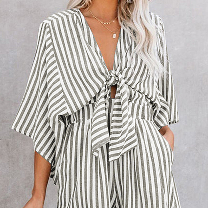 Women's Striped V-Neck Jumpsuit Shorts