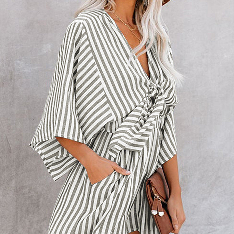 Women's Striped V-Neck Jumpsuit Shorts