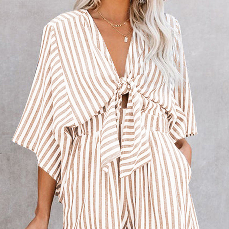 Women's Striped V-Neck Jumpsuit Shorts