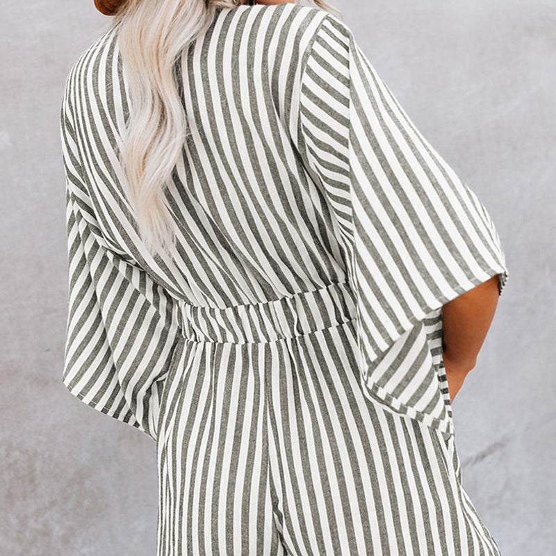 Women's Striped V-Neck Jumpsuit Shorts