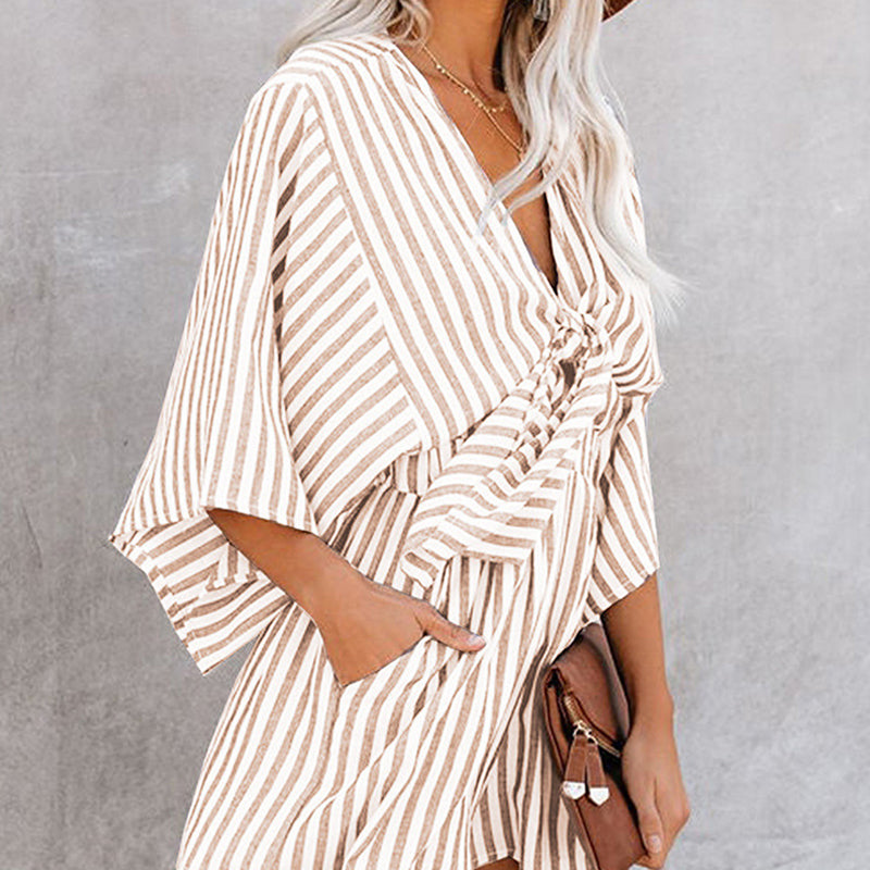 Women's Striped V-Neck Jumpsuit Shorts