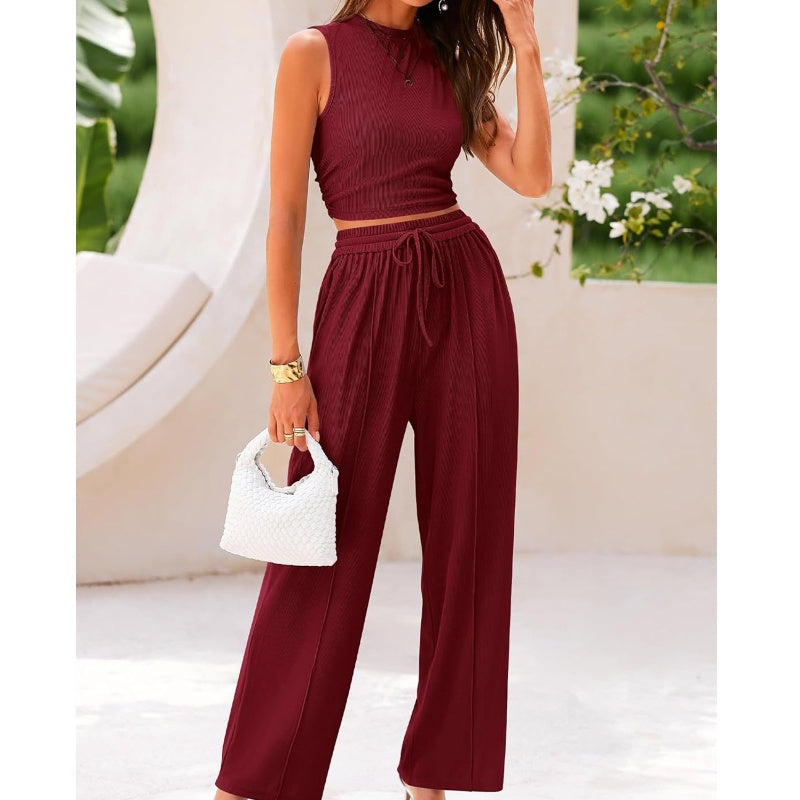 🌸New Arrival 50%OFF💖 Women's Summer Solid Short Crop Tank Top & Drawstring Wide Leg Pants 2-Piece Set