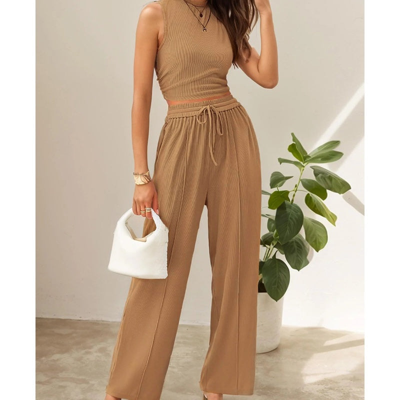 🌸New Arrival 50%OFF💖 Women's Summer Solid Short Crop Tank Top & Drawstring Wide Leg Pants 2-Piece Set