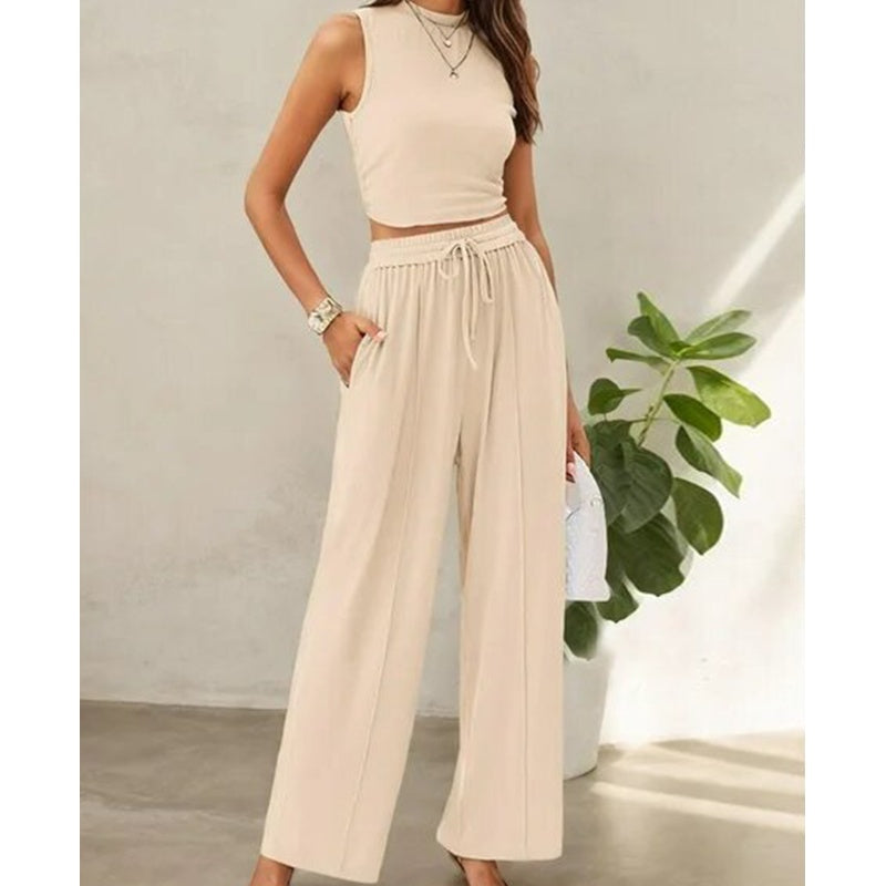 🌸New Arrival 50%OFF💖 Women's Summer Solid Short Crop Tank Top & Drawstring Wide Leg Pants 2-Piece Set