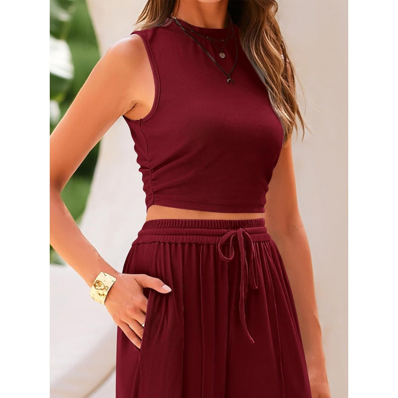 🌸New Arrival 50%OFF💖 Women's Summer Solid Short Crop Tank Top & Drawstring Wide Leg Pants 2-Piece Set