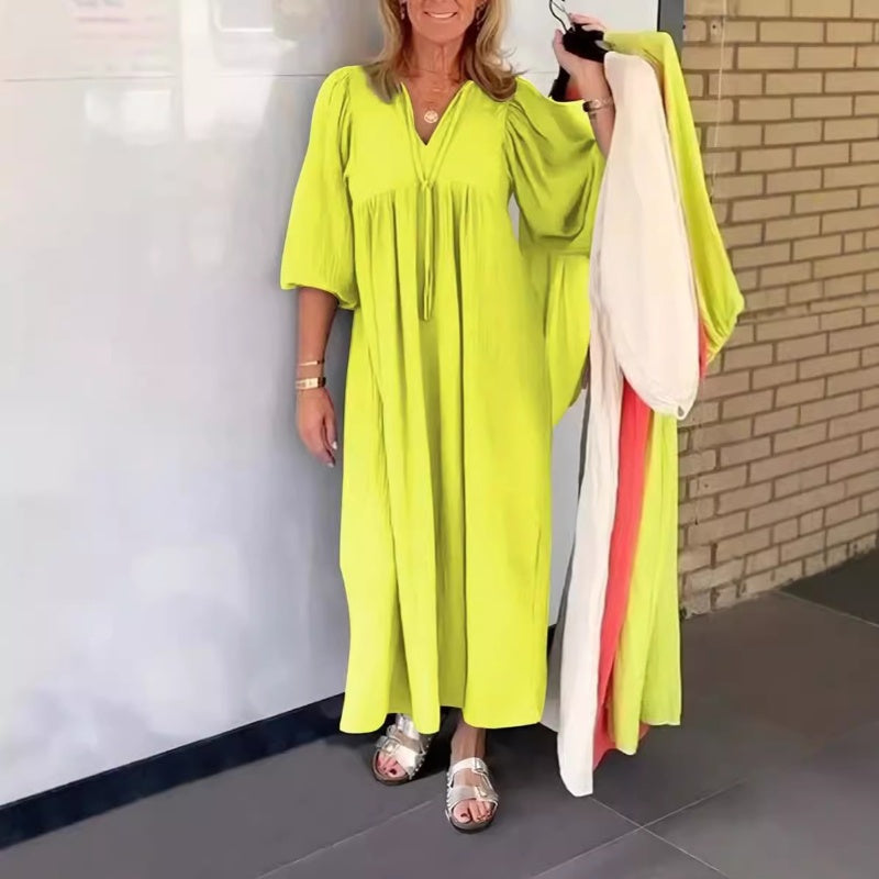 Bubble & 3/4 Sleeve V-Neck Maxi Dress