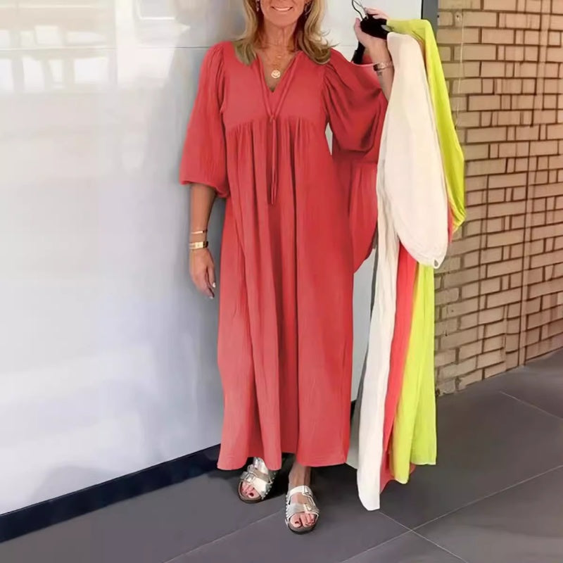 Bubble & 3/4 Sleeve V-Neck Maxi Dress