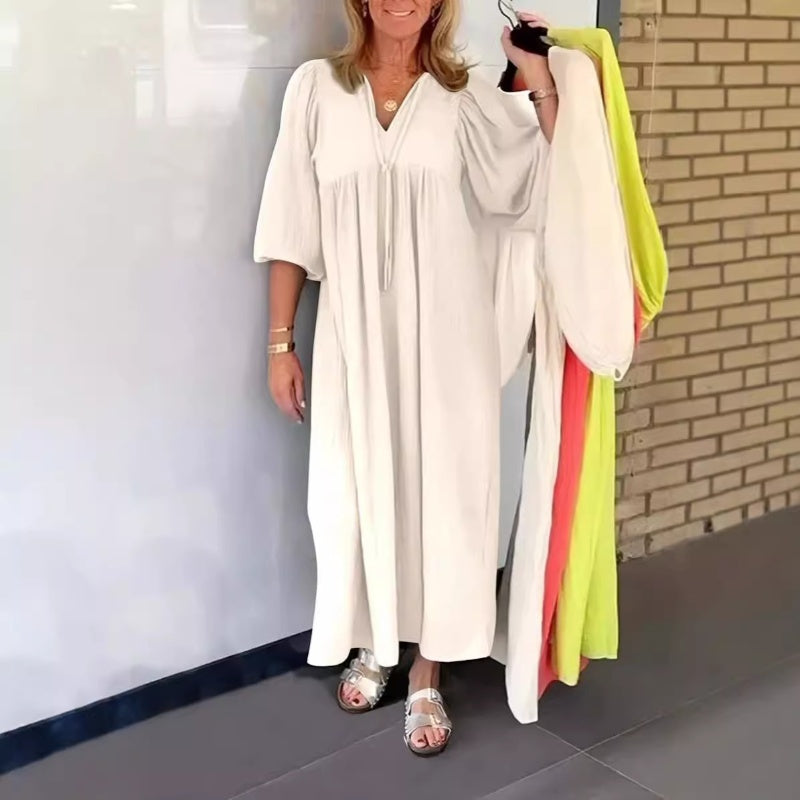 Bubble & 3/4 Sleeve V-Neck Maxi Dress