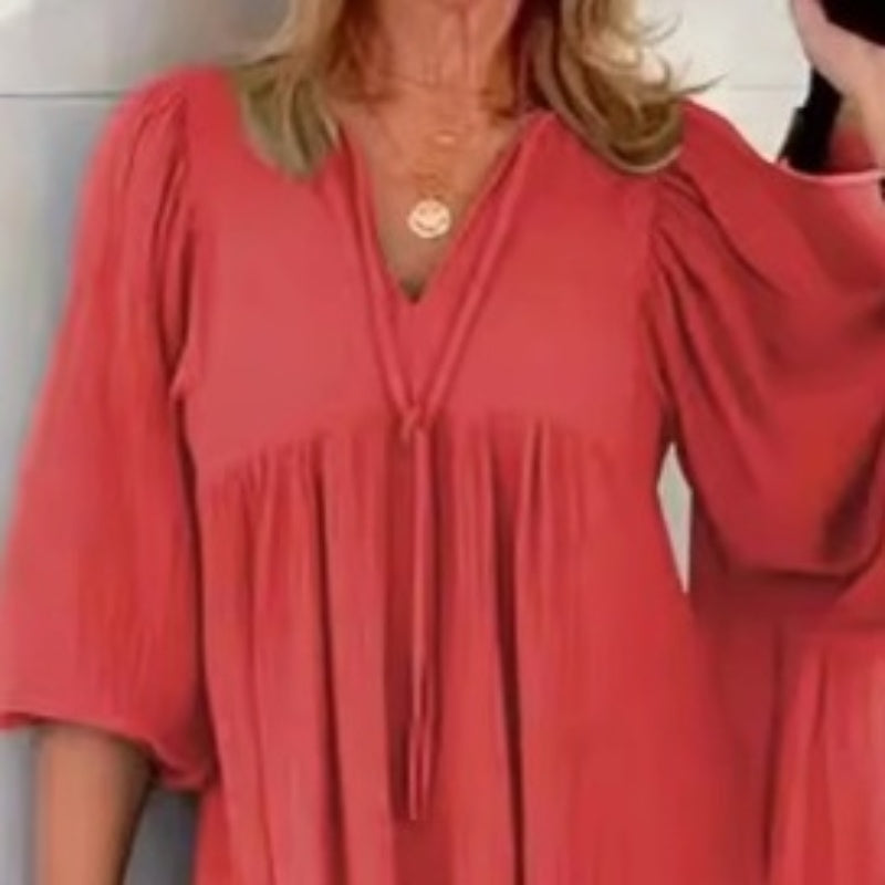 Bubble & 3/4 Sleeve V-Neck Maxi Dress