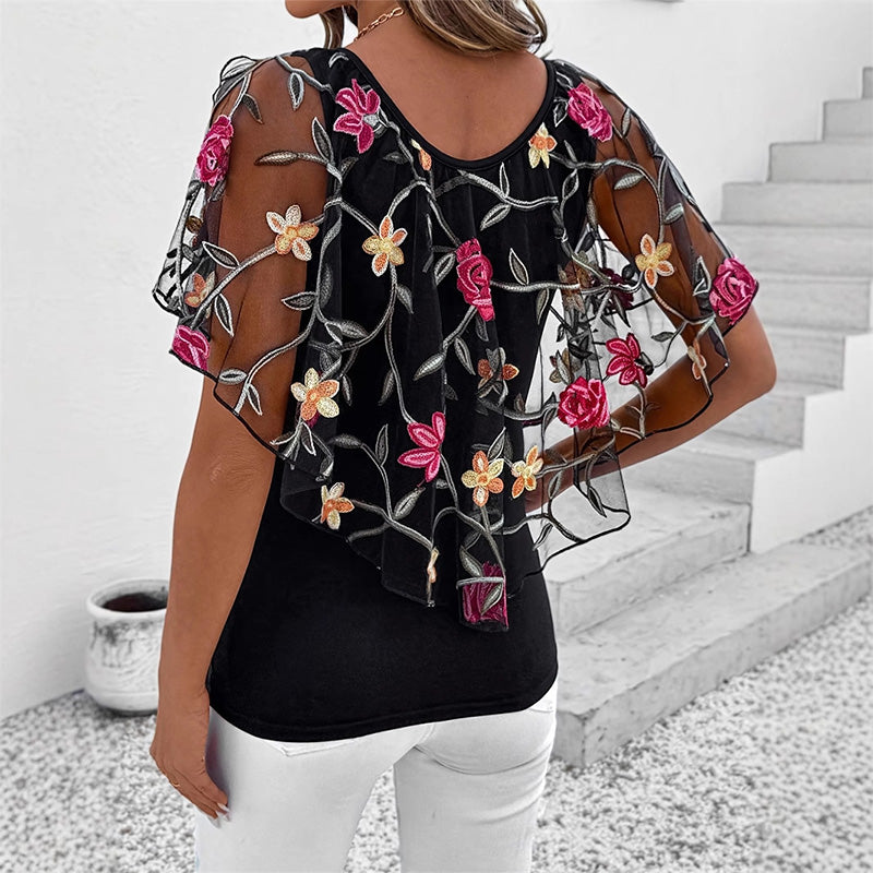 Women's Printed Mesh Patchwork Top