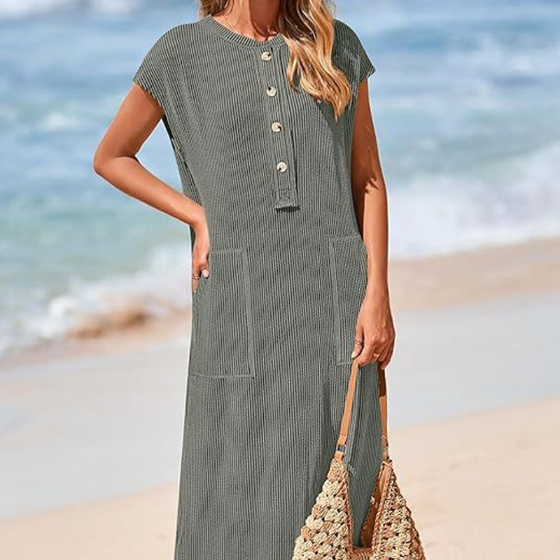 Women's Ribbed Knit Henley Maxi Dress