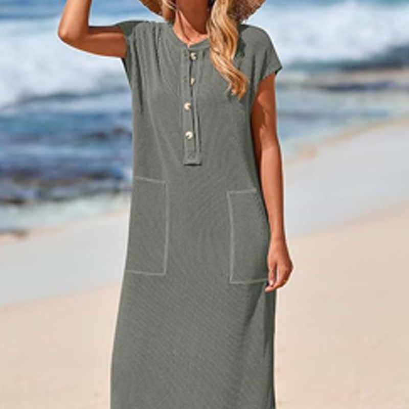 Women's Ribbed Knit Henley Maxi Dress
