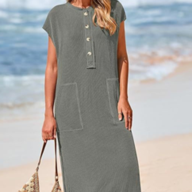 Women's Ribbed Knit Henley Maxi Dress