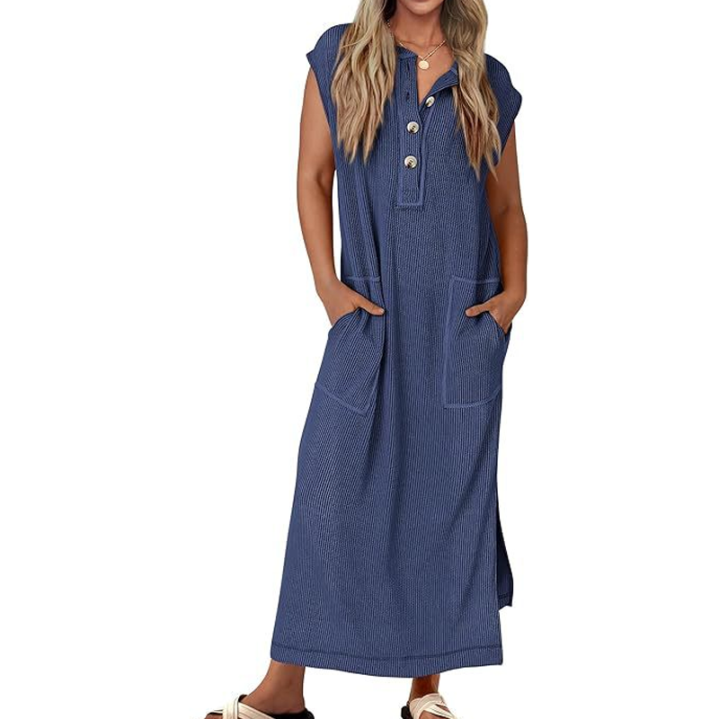 Women's Ribbed Knit Henley Maxi Dress