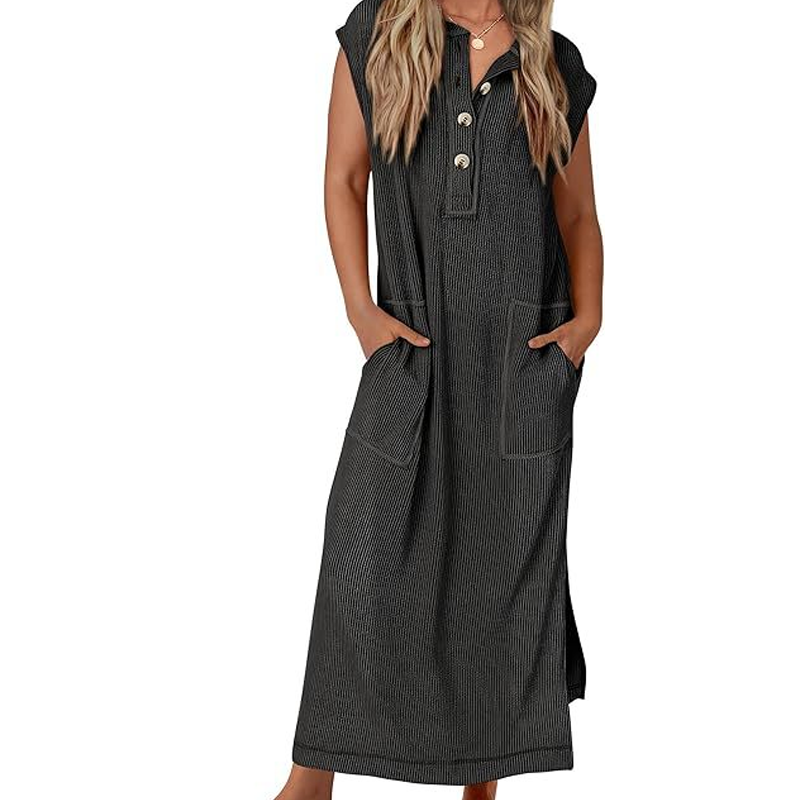 Women's Ribbed Knit Henley Maxi Dress