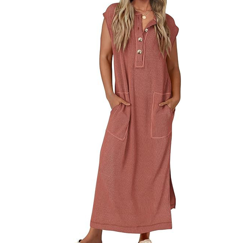 Women's Ribbed Knit Henley Maxi Dress