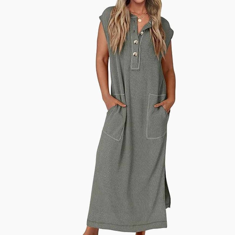 Women's Ribbed Knit Henley Maxi Dress